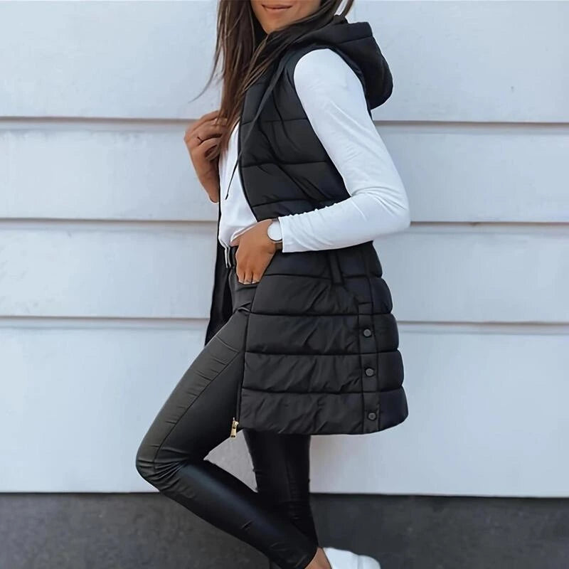 โ๏ธ Women Long Puffer Vest ๐ | Solid Color | Sleeveless | Hooded | Winter Wear (Liquidation)