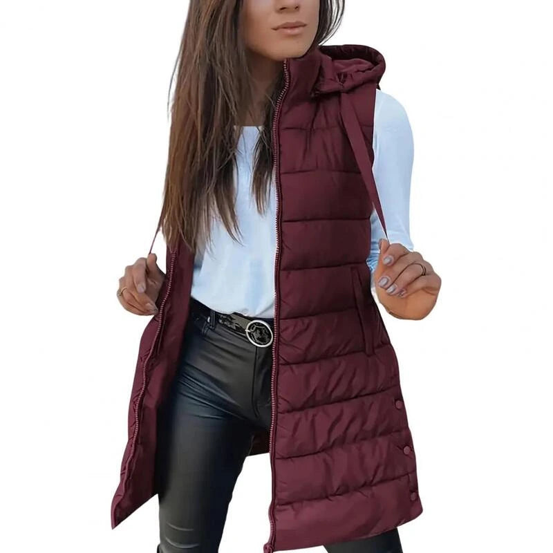 โ๏ธ Women Long Puffer Vest ๐ | Solid Color | Sleeveless | Hooded | Winter Wear (Liquidation)