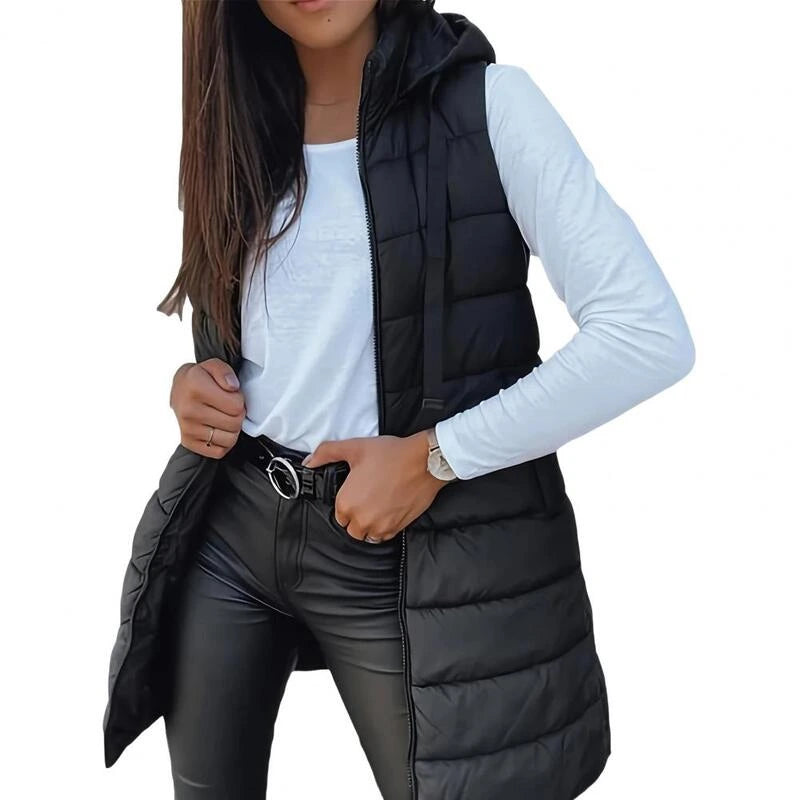 โ๏ธ Women Long Puffer Vest ๐ | Solid Color | Sleeveless | Hooded | Winter Wear (Liquidation)