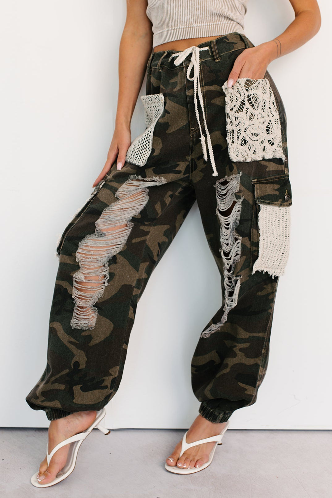 On Duty Cutie Distressed Cargo POL Joggers (Camo) - NanaMacs