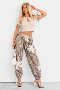 Sun Comes Up POL Drawstring Denim Joggers (Beige Camo) - NanaMacs