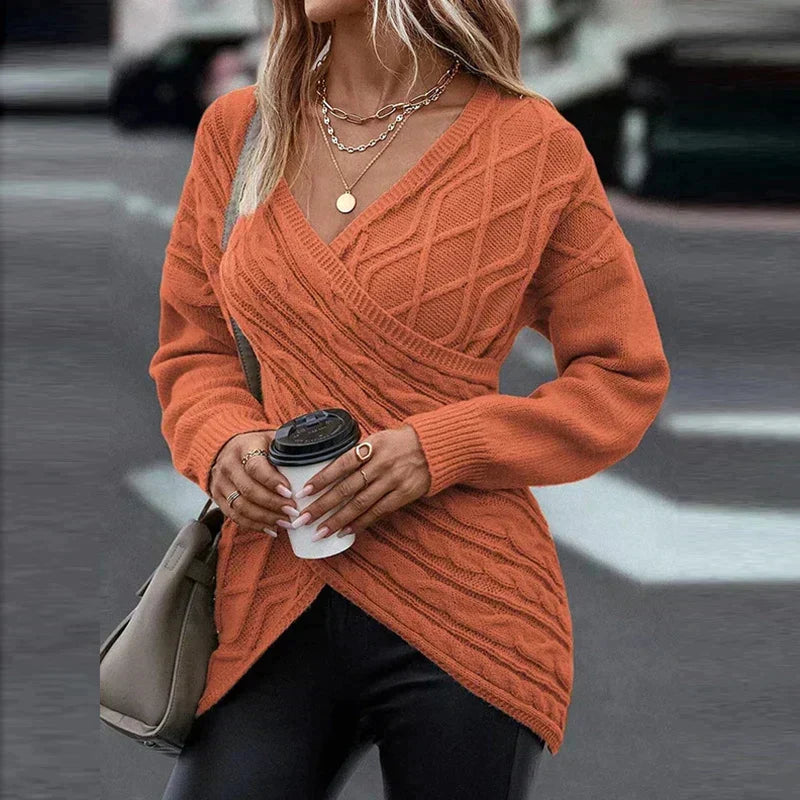 Asymmetrical V-Neck Wrap Knit Sweater