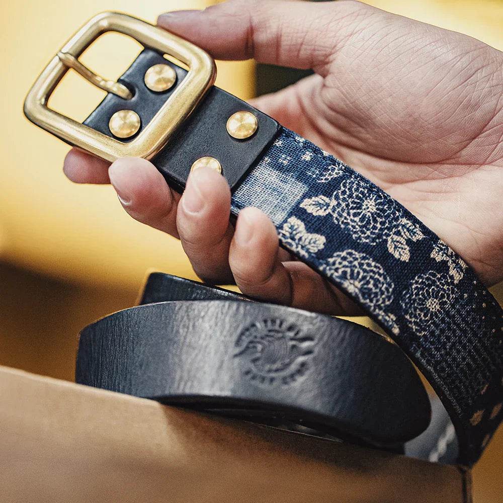 Cowhide Boro Print Retro Leaer Belt - AngraBech