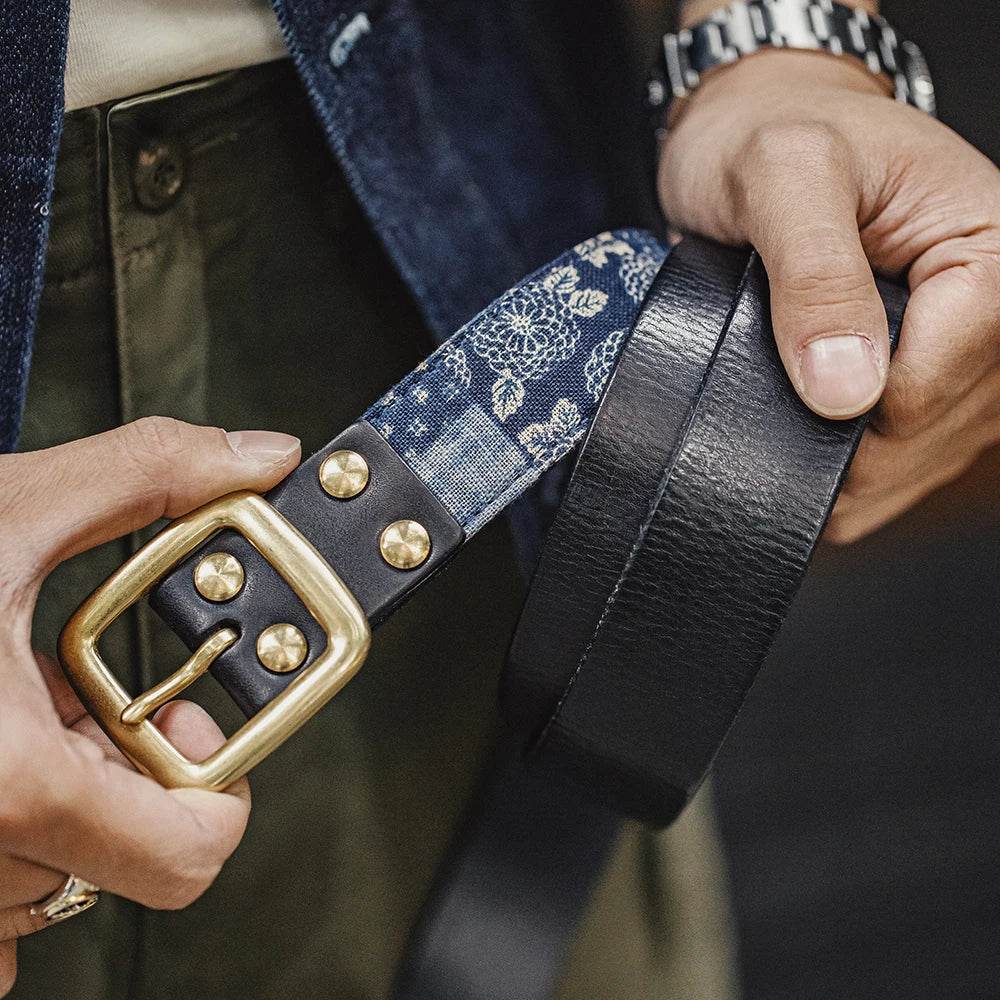 Cowhide Boro Print Retro Leaer Belt - AngraBech