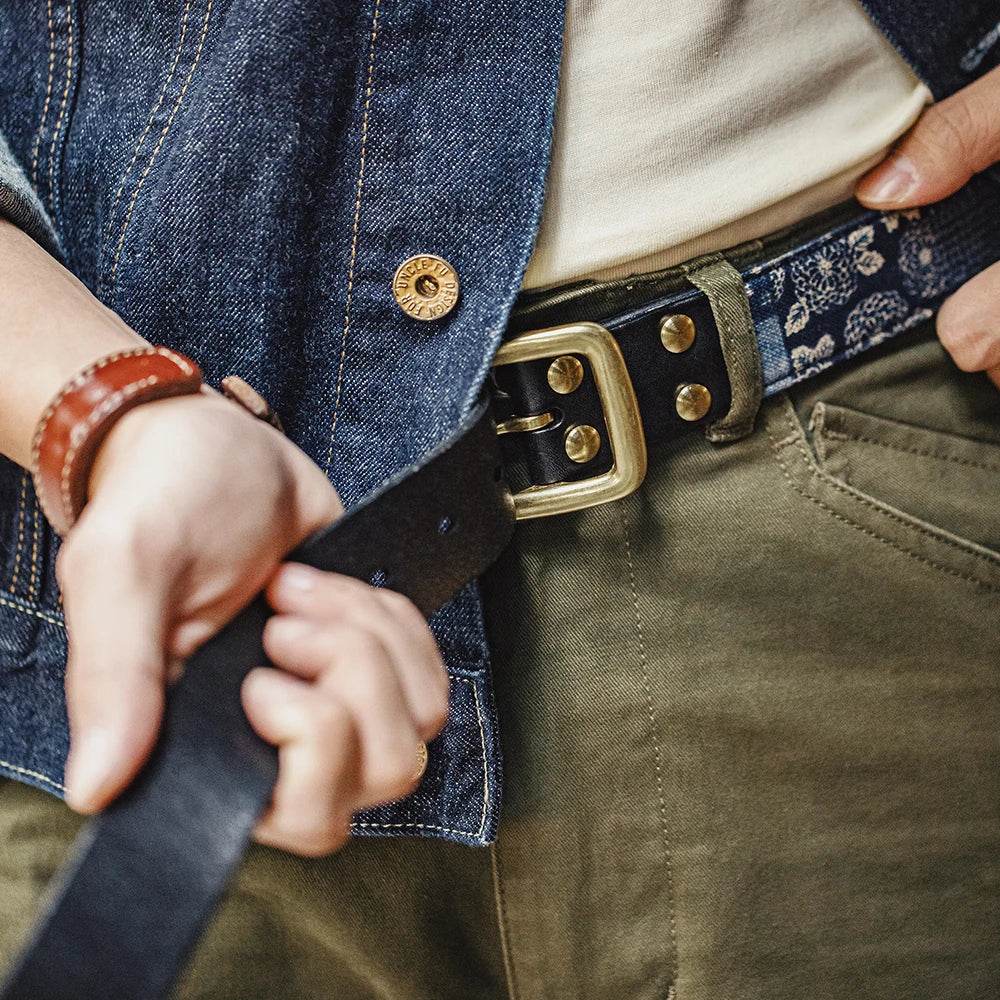 Cowhide Boro Print Retro Leaer Belt - AngraBech