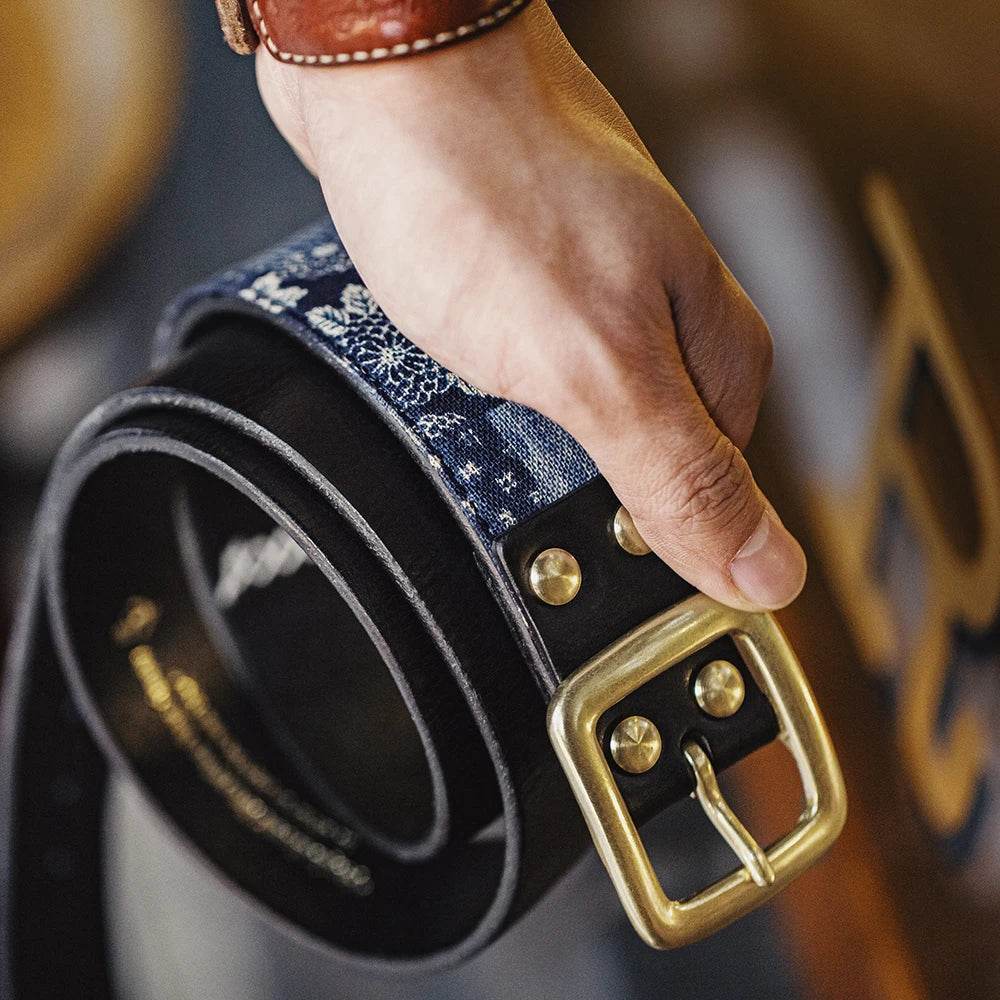 Cowhide Boro Print Retro Leaer Belt - AngraBech