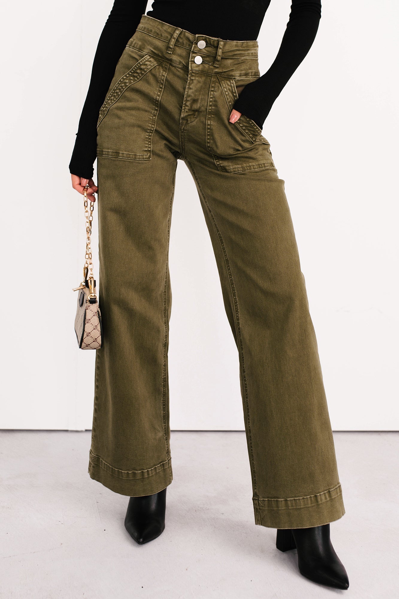 Henley Wide Leg Mica Denim Jeans (Fern Green) - NanaMacs