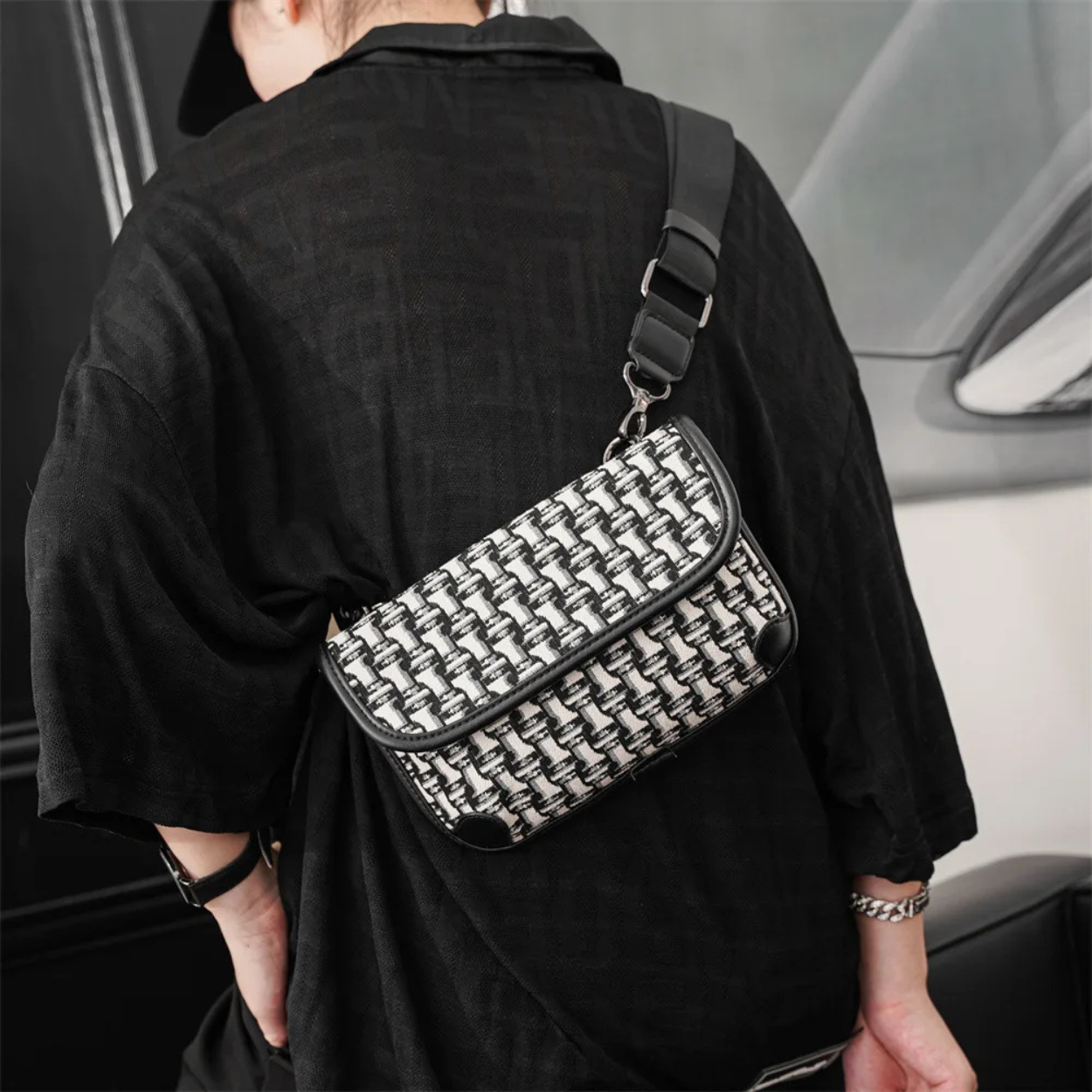 Jacquard Canvas Men Crossbody Messenger Bag Flap Shoulder