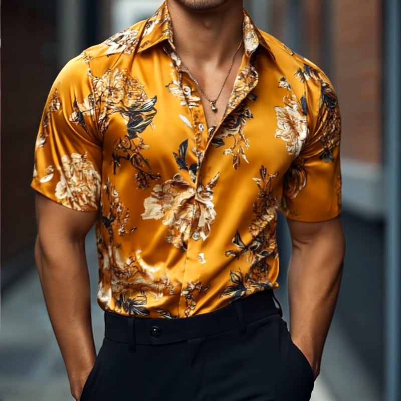 Mens Retro Casual Printed Floral Lapel Short Sleeve Shirt Mta1484d6to