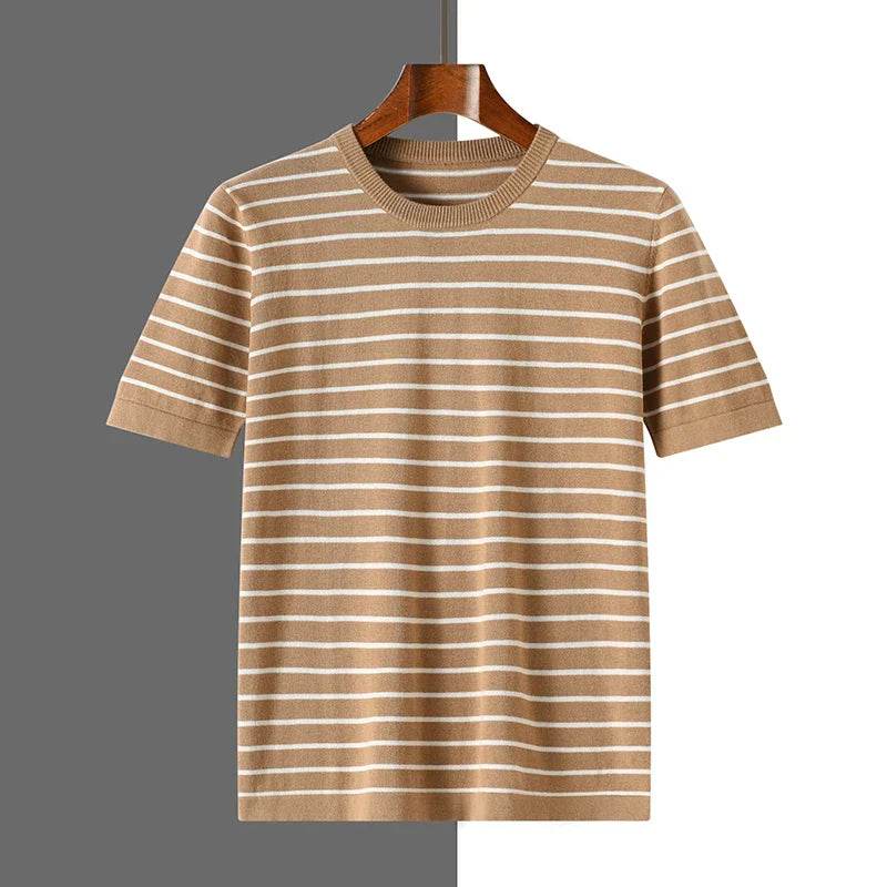 Mens Striped Cotton Knit Short Sleeve Tee - AngraBech