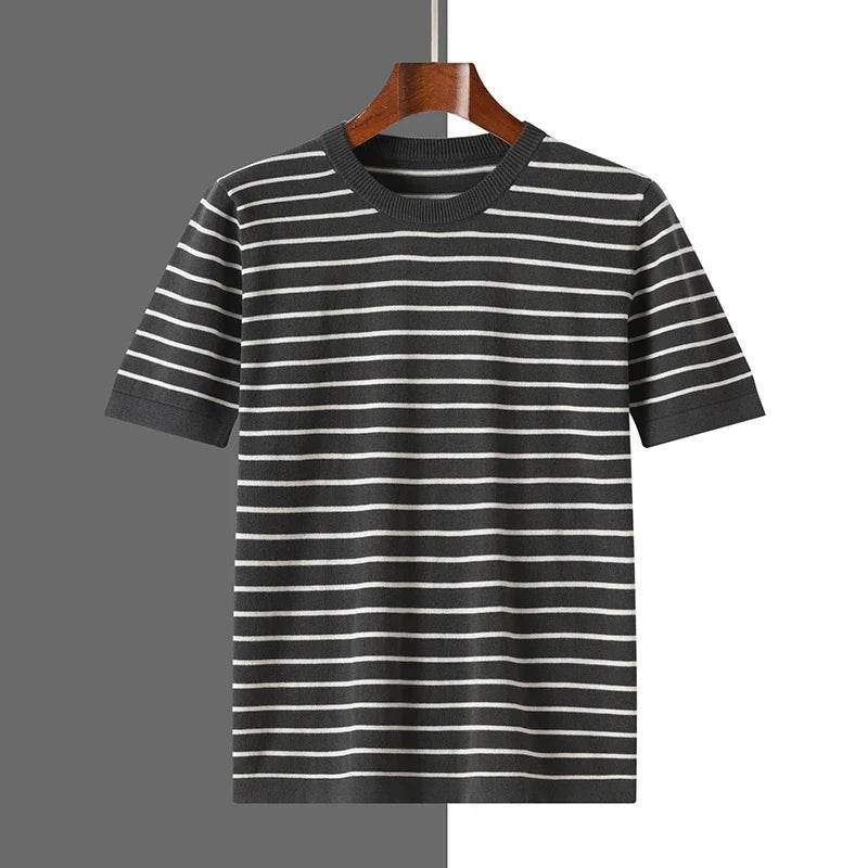 Mens Striped Cotton Knit Short Sleeve Tee - AngraBech