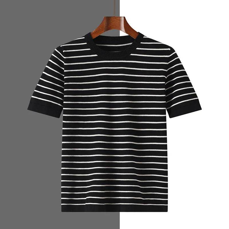 Mens Striped Cotton Knit Short Sleeve Tee - AngraBech