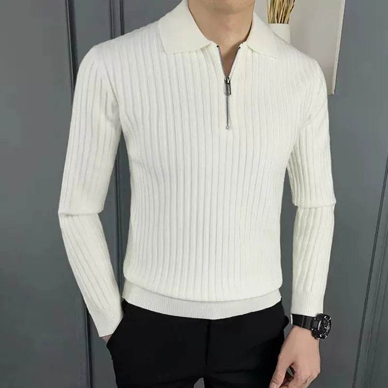 Slim Fit Vertical Stripe Polo Sweater - AngraBech