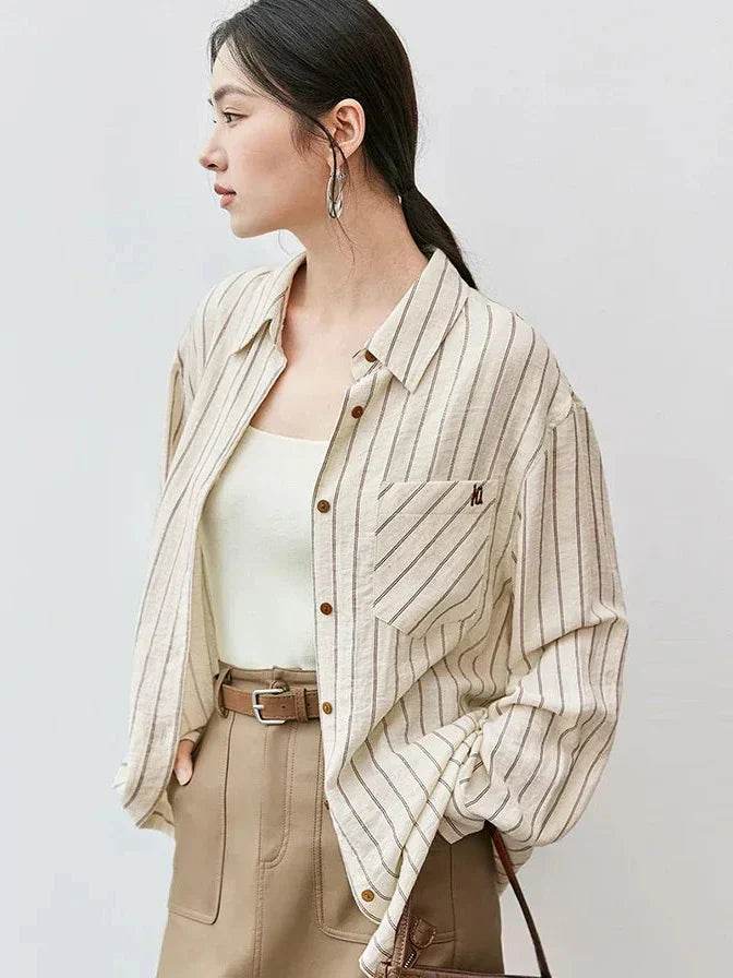 Womens Striped Linen Shirt Casual Blouses - AngraBech