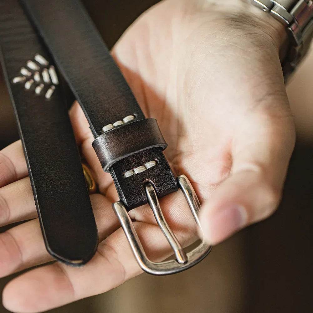 In Genuine Cowhide Stitched Retro Belt - AngraBech