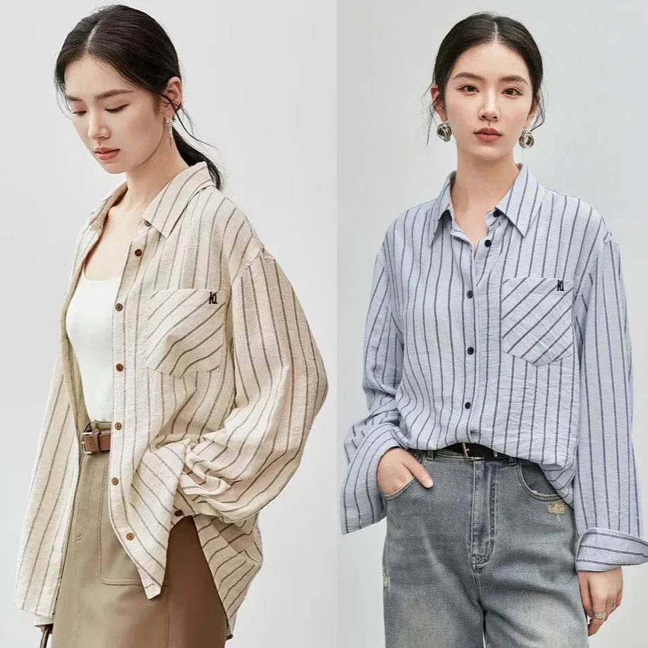 Womens Striped Linen Shirt Casual Blouses - AngraBech