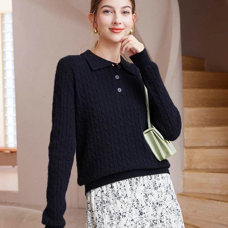 Womens Pure Cashmere Polo Collar Sweater 1 - AngraBech