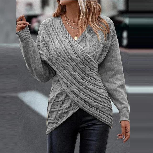 Asymmetrical V-Neck Wrap Knit Sweater