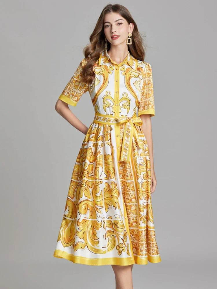 Luxury Yellow White Print Midi Dress - AngraBech