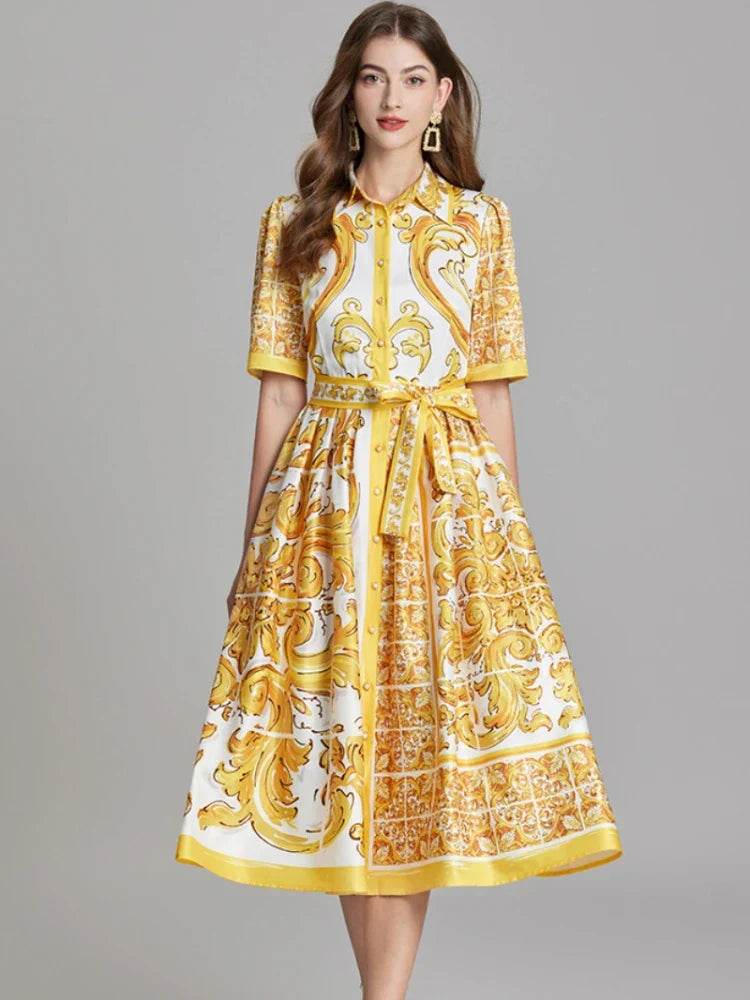 Luxury Yellow White Print Midi Dress - AngraBech