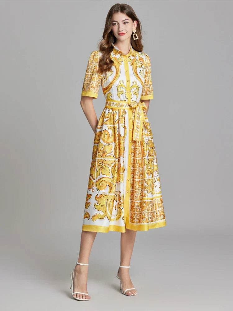 Luxury Yellow White Print Midi Dress - AngraBech