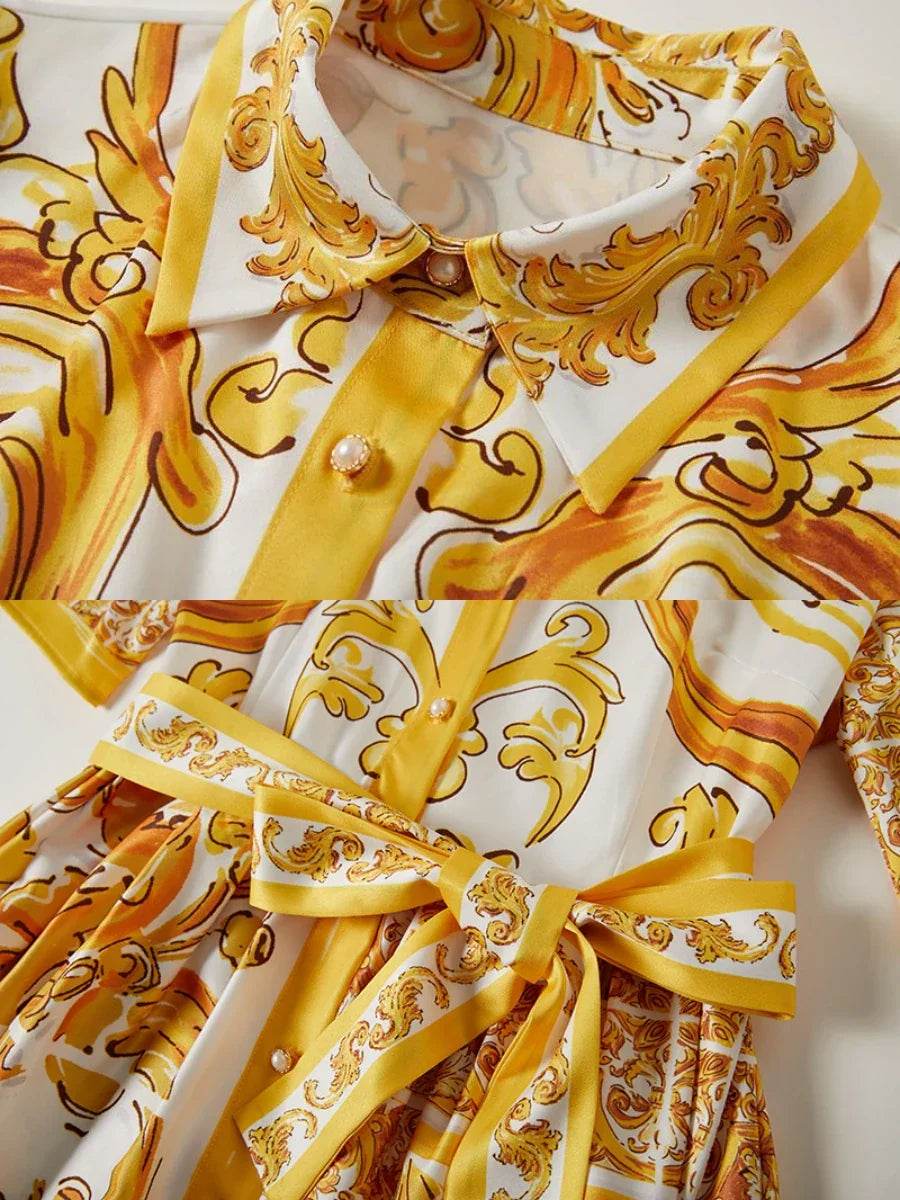 Luxury Yellow White Print Midi Dress - AngraBech