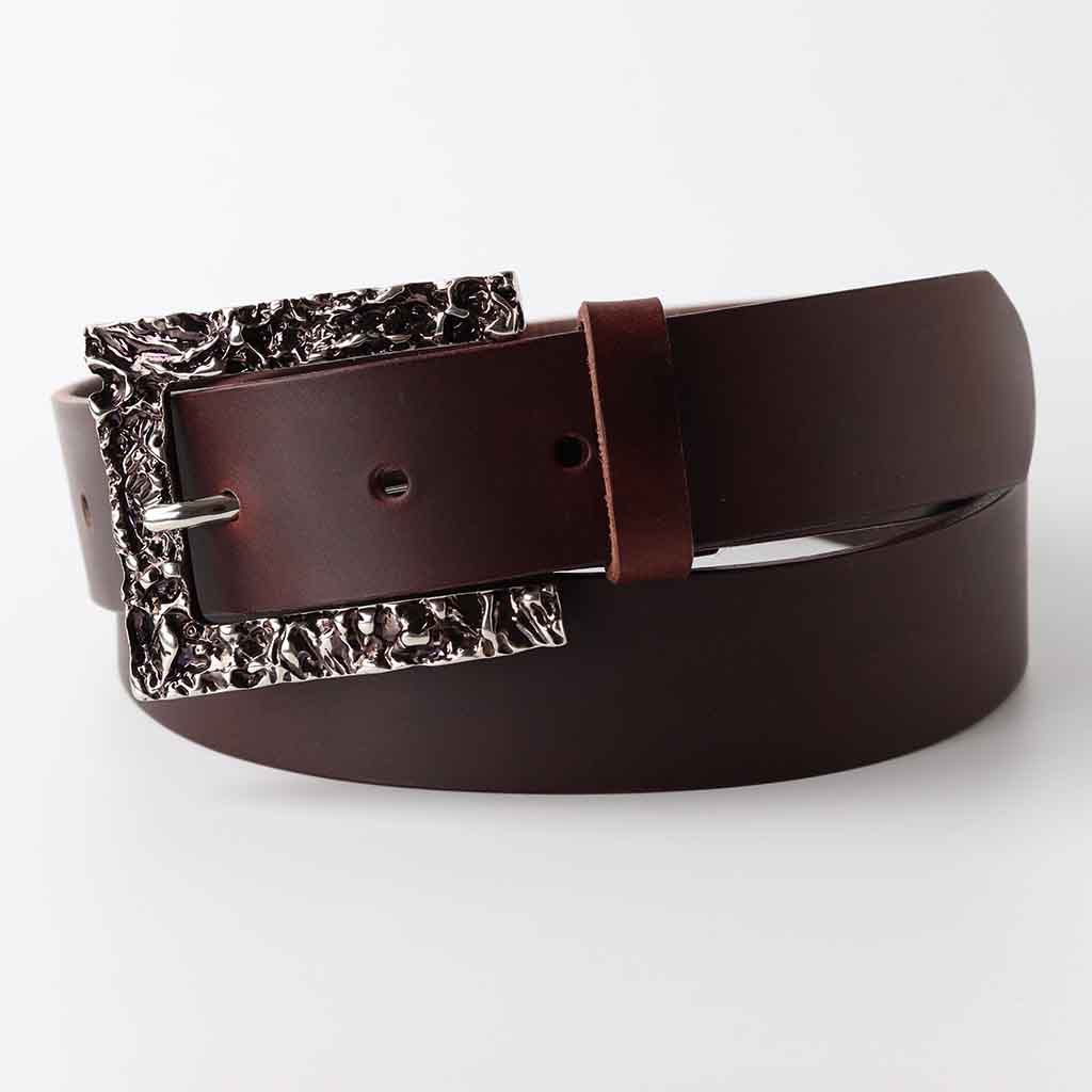 Ladies chocolate casual leather belt "Laro" with fancy handmade aged buckle by Kaseta