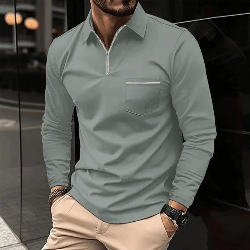 Mens Solid Zipper Lapel Breast Poet Long Sleeve Polo Shirt - AngraBech
