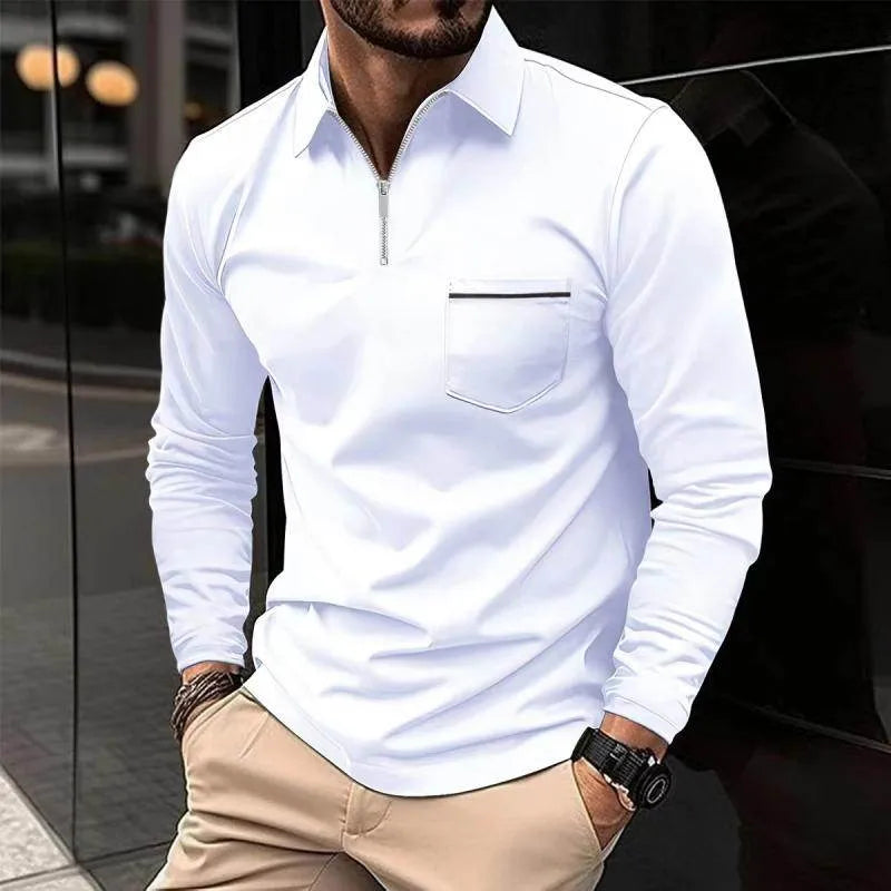 Mens Solid Zipper Lapel Breast Poet Long Sleeve Polo Shirt - AngraBech