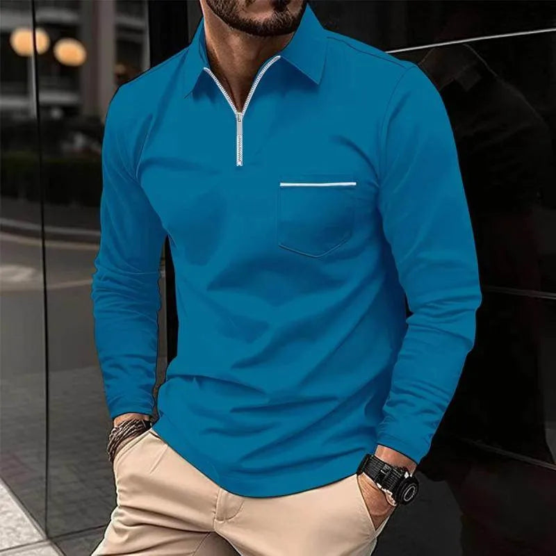 Mens Solid Zipper Lapel Breast Poet Long Sleeve Polo Shirt - AngraBech