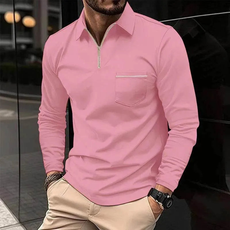 Mens Solid Zipper Lapel Breast Poet Long Sleeve Polo Shirt - AngraBech