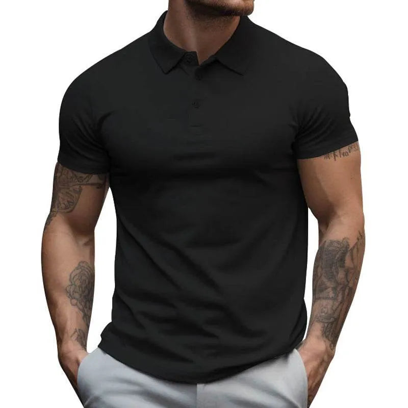 Mens Solid Slim Lapel Short Sleeve Casual Polo Shirt - AngraBech