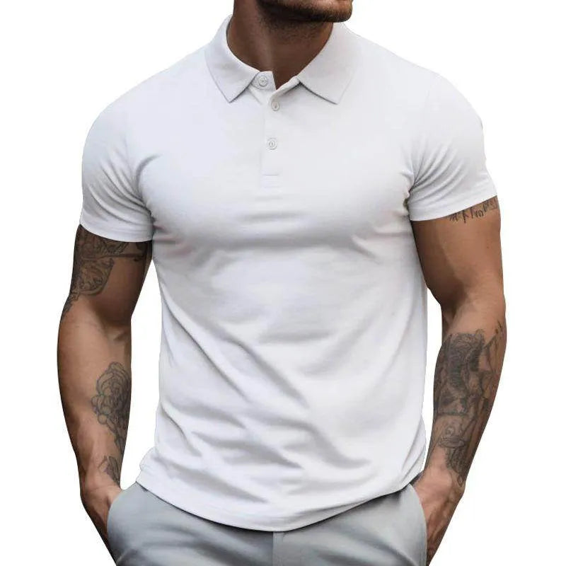 Mens Solid Slim Lapel Short Sleeve Casual Polo Shirt - AngraBech