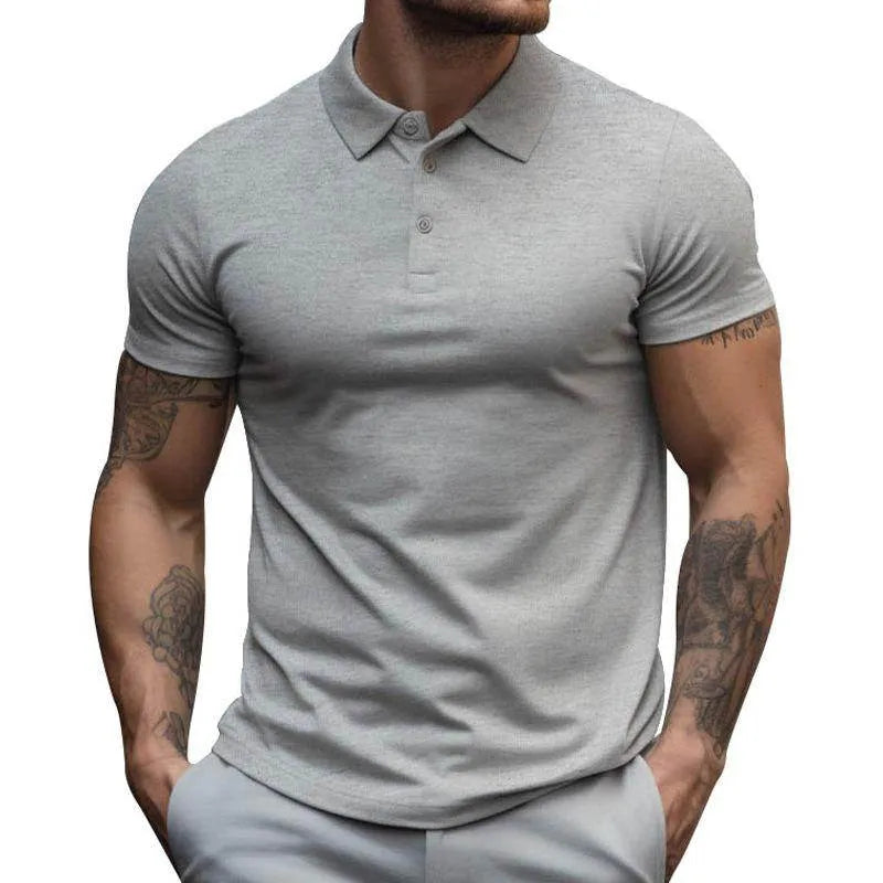 Mens Solid Slim Lapel Short Sleeve Casual Polo Shirt - AngraBech