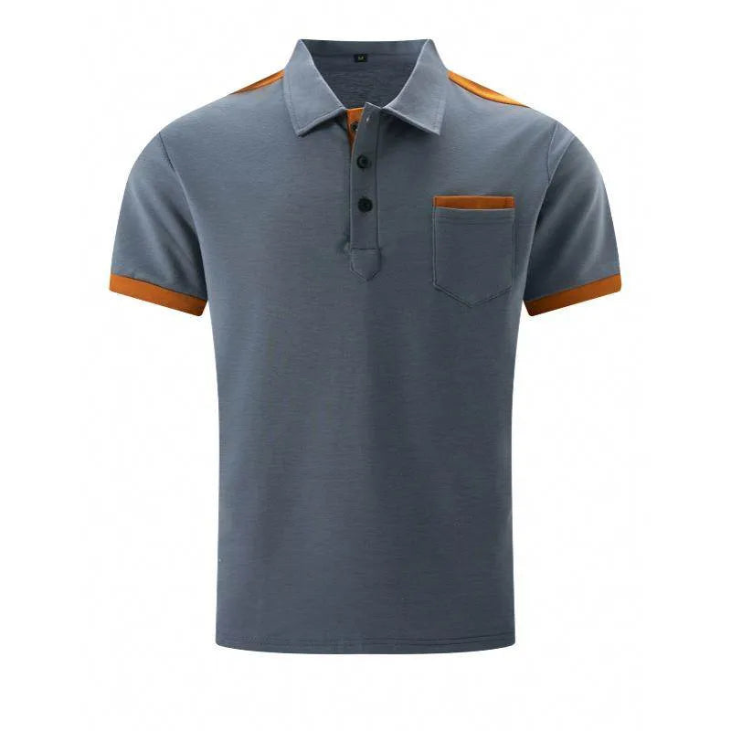 Mens Colorblo Chest Poet Lapel Short Sleeve Polo Shirt - AngraBech