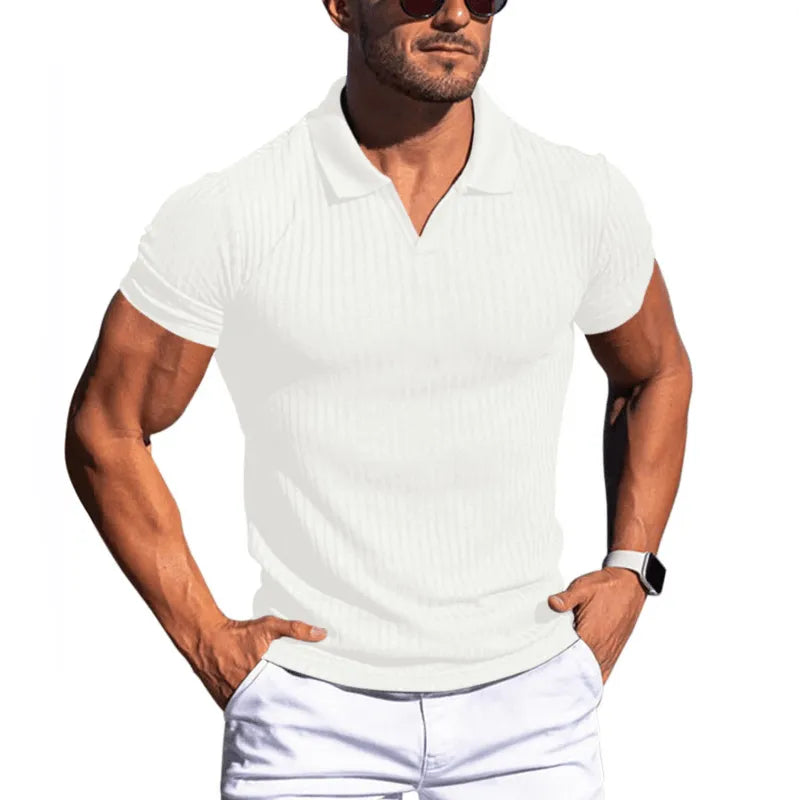 Mens Solid Striped Lapel Short Sleeve Polo Shirt - AngraBech