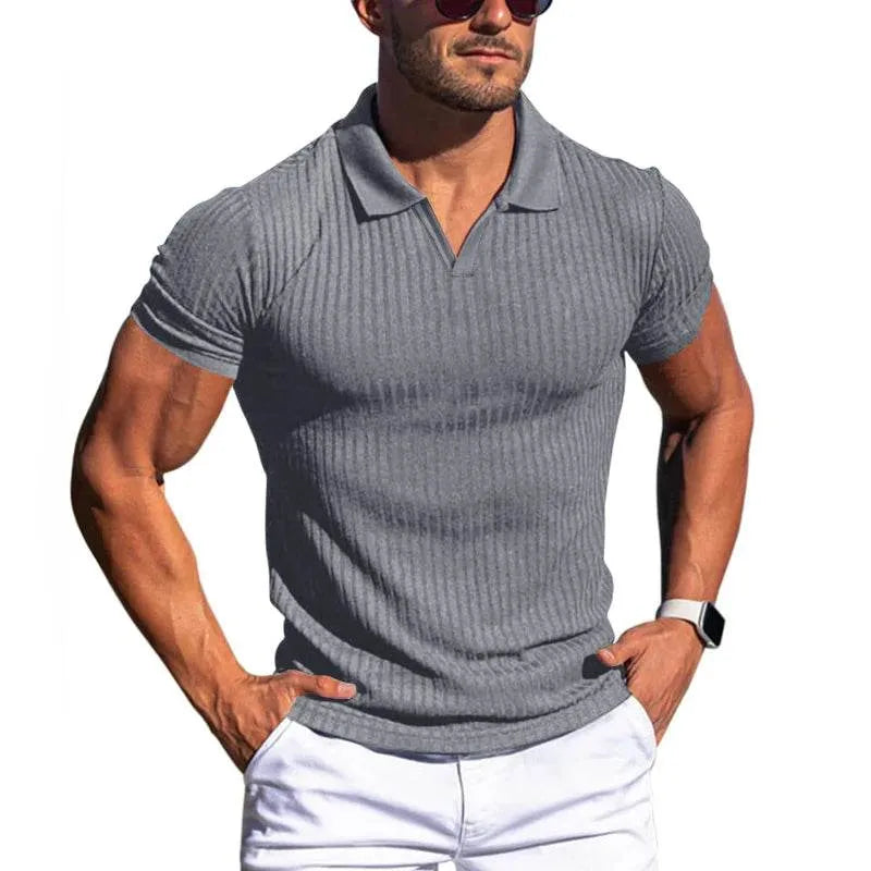 Mens Solid Striped Lapel Short Sleeve Polo Shirt - AngraBech