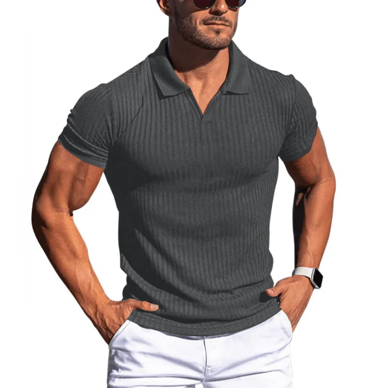 Mens Solid Striped Lapel Short Sleeve Polo Shirt - AngraBech
