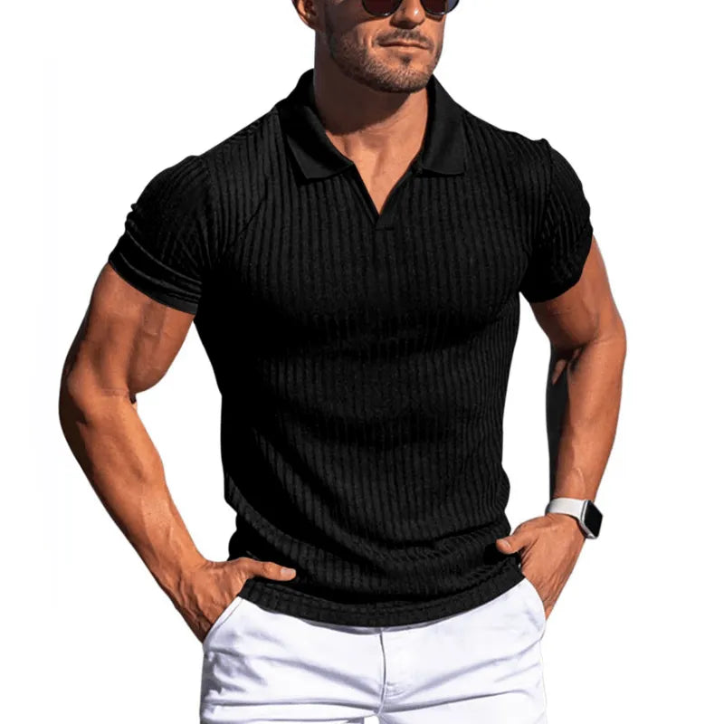 Mens Solid Striped Lapel Short Sleeve Polo Shirt - AngraBech