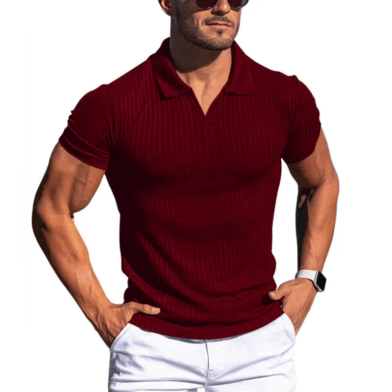 Mens Solid Striped Lapel Short Sleeve Polo Shirt - AngraBech