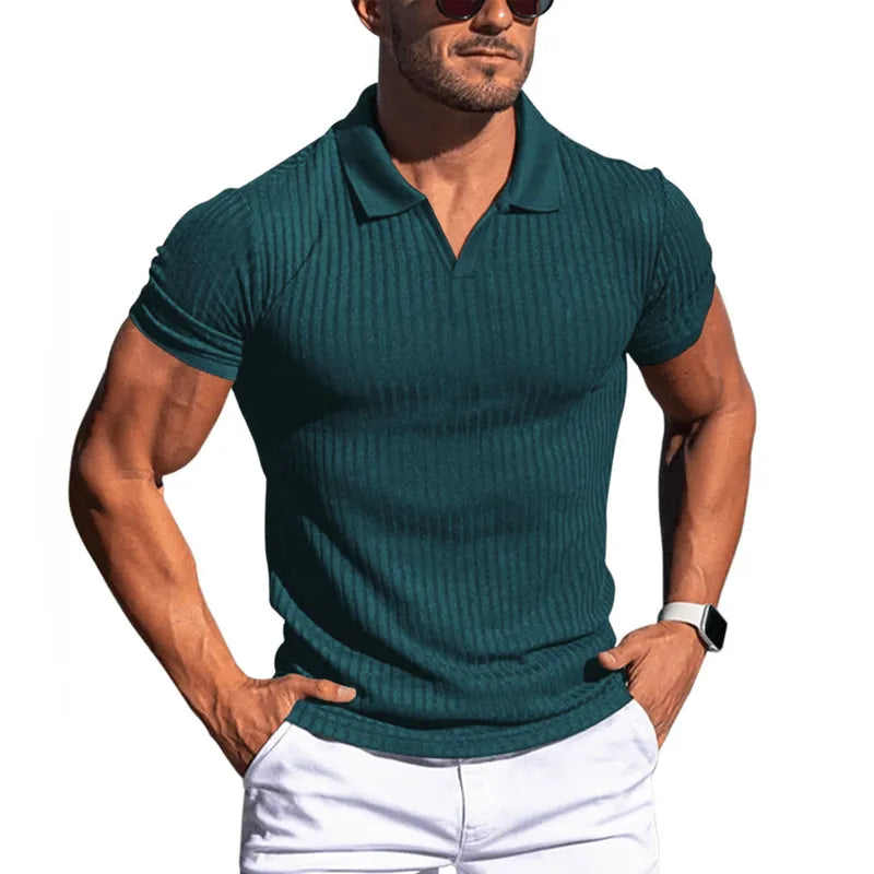 Mens Solid Striped Lapel Short Sleeve Polo Shirt - AngraBech