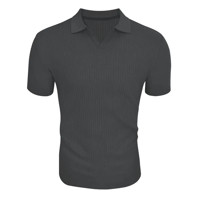 Mens Solid Striped Lapel Short Sleeve Polo Shirt - AngraBech