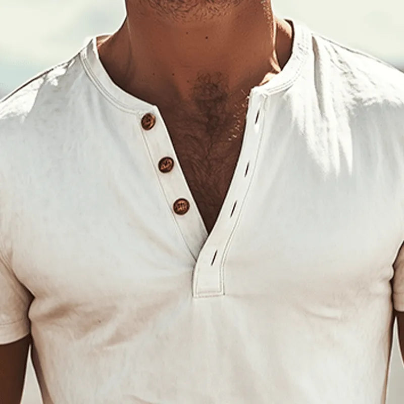 Mens Classic American Vintage Henley Collar Suede Short Sleeve T Shirt - AngraBech