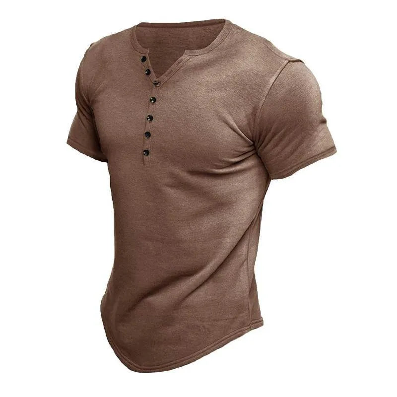 Mens Short Sleeve Solid Color Button Down Henley - AngraBech