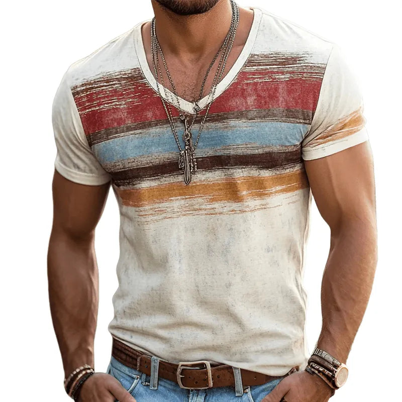 Mens Retro Casual Shabby Striped Printed V Ne Short Sleeve T Shirt - AngraBech