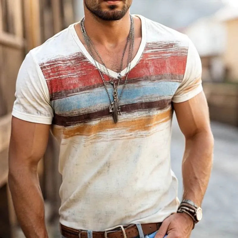 Mens Retro Casual Shabby Striped Printed V Ne Short Sleeve T Shirt - AngraBech