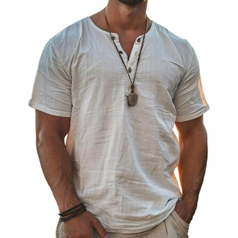 Mens Solid Henley Short Sleeve T Shirt - AngraBech