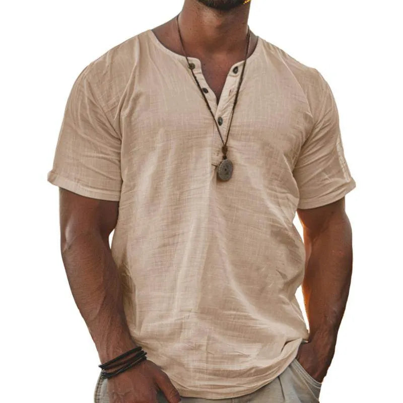Mens Solid Henley Short Sleeve T Shirt - AngraBech