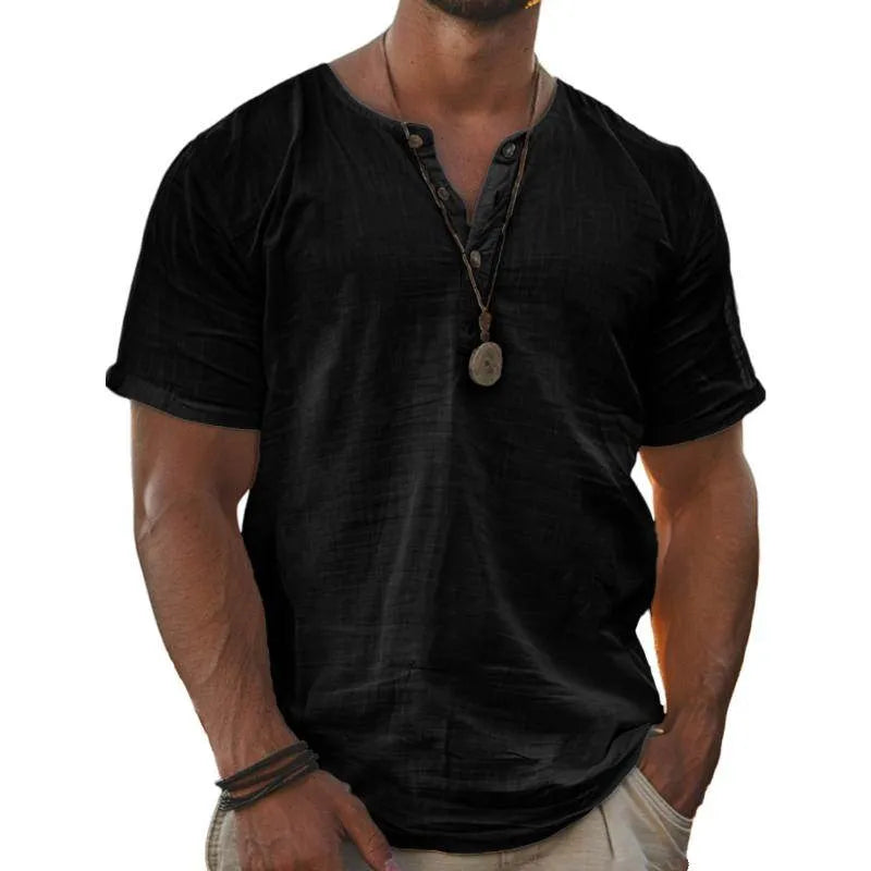 Mens Solid Henley Short Sleeve T Shirt - AngraBech