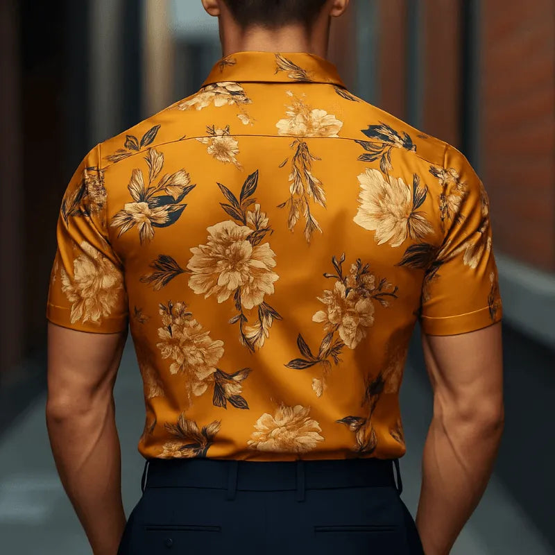 Mens Retro Casual Printed Floral Lapel Short Sleeve Shirt - AngraBech